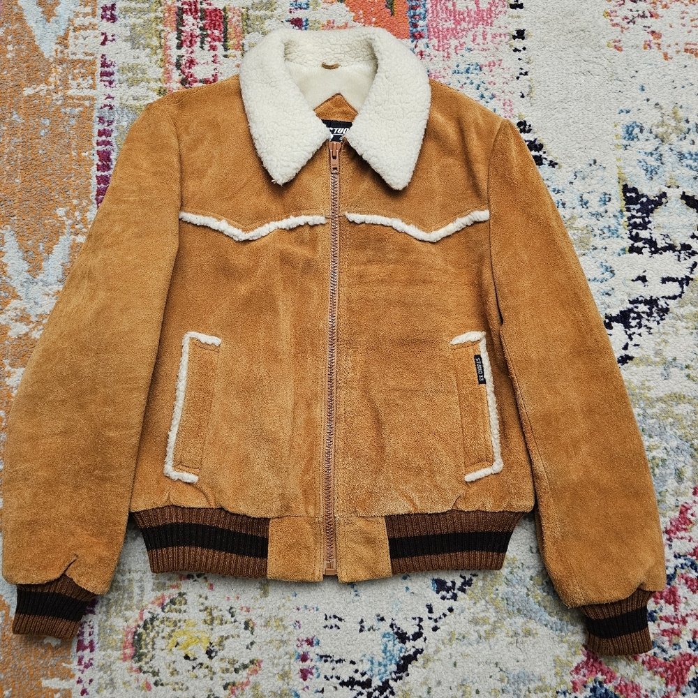Studio 33 Suede Vintage Brown Retro Bomber Jacket Mens Size 42 Faux Fur Accents
